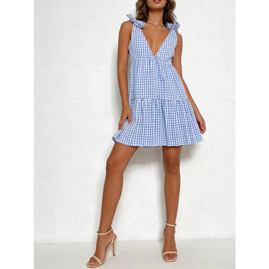 Gingham Tie-Shoulder Ruffle Hem Mini Dress Light Blue / XS Apparel and Accessories