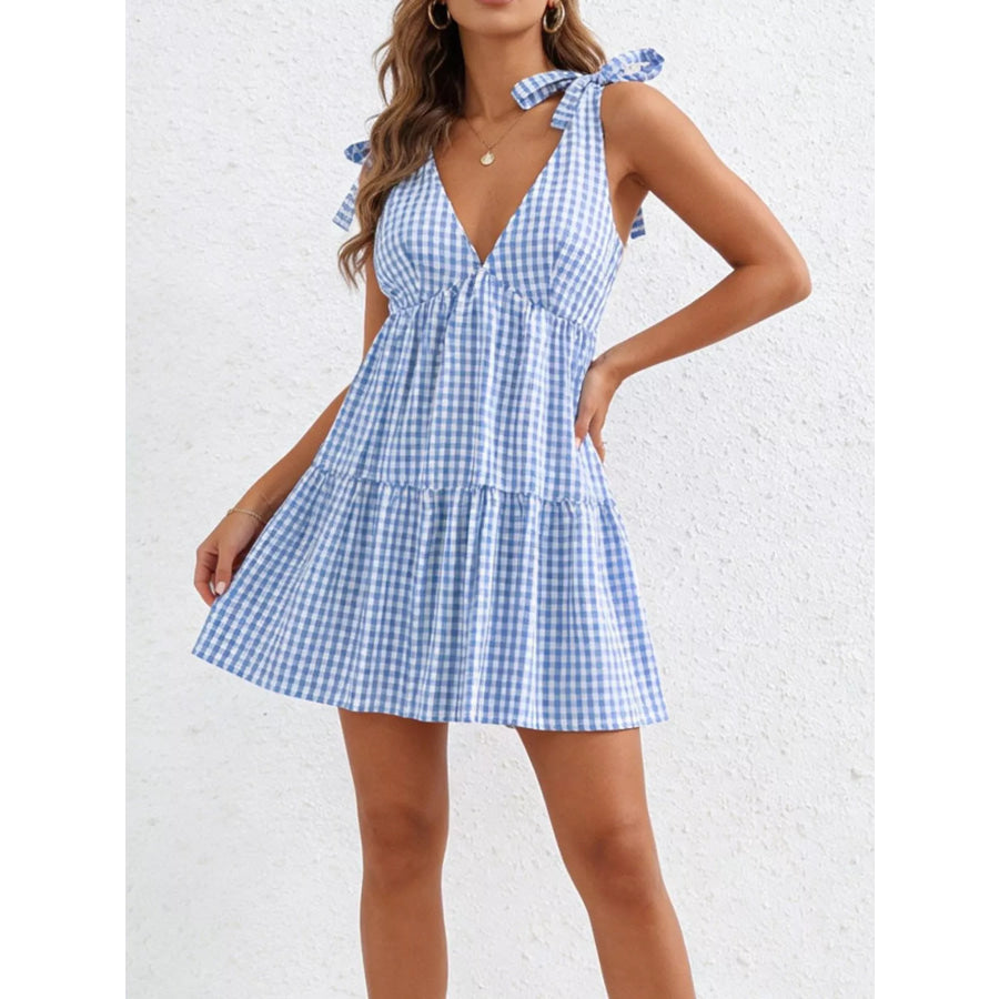 Gingham Tie-Shoulder Ruffle Hem Mini Dress Light Blue / XS Apparel and Accessories