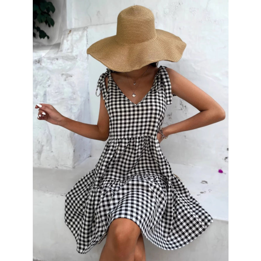 Gingham Tie-Shoulder Tiered Mini Dress Apparel and Accessories