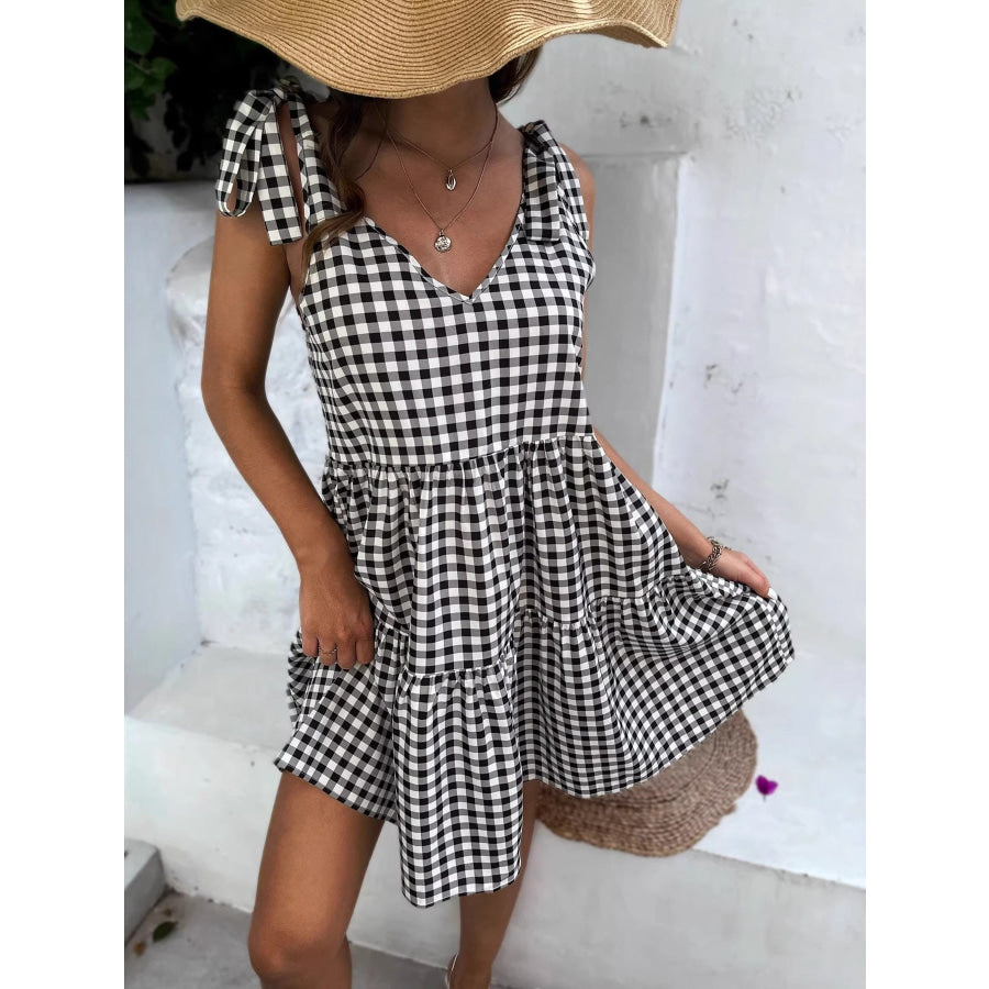 Gingham Tie-Shoulder Tiered Mini Dress Black / S Apparel and Accessories
