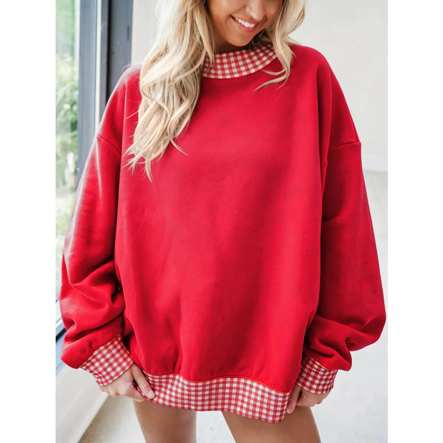 Gingham Trim Dropped Shoulder Sweatshirt Scarlet / S Apparel and Accessories