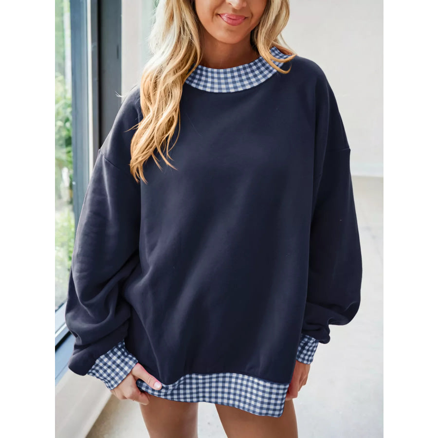 Gingham Trim Dropped Shoulder Sweatshirt Apparel and Accessories