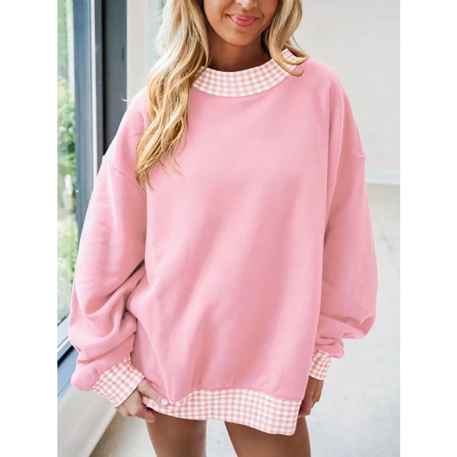 Gingham Trim Dropped Shoulder Sweatshirt Apparel and Accessories