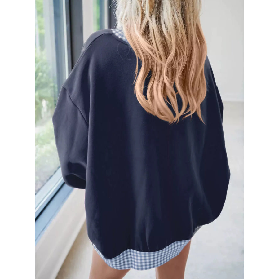 Gingham Trim Dropped Shoulder Sweatshirt Apparel and Accessories