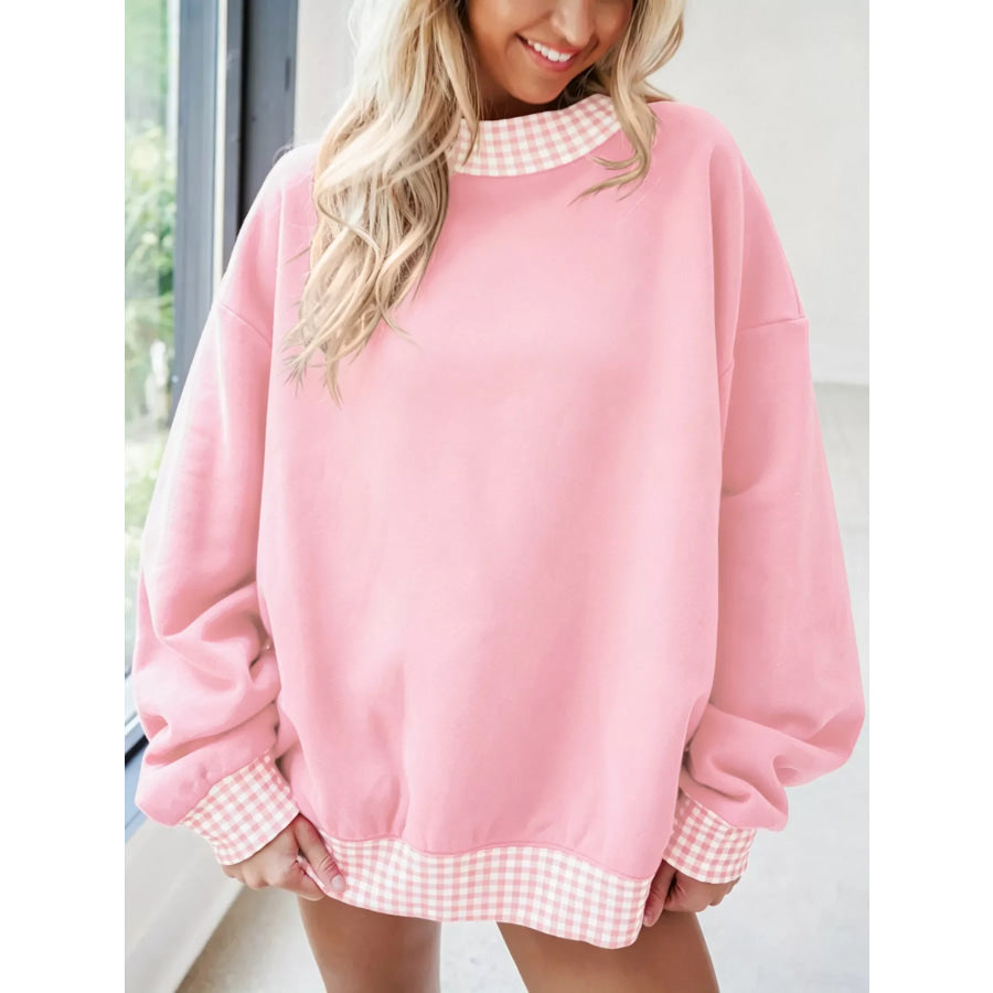 Gingham Trim Dropped Shoulder Sweatshirt Apparel and Accessories
