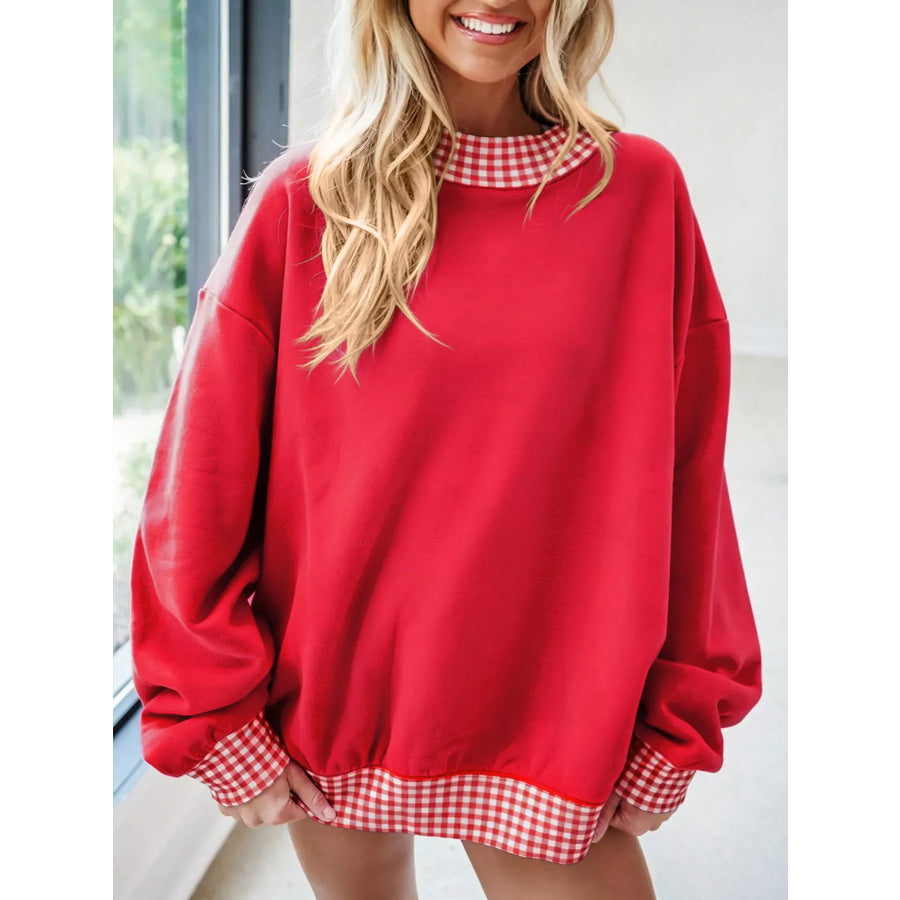 Gingham Trim Dropped Shoulder Sweatshirt Apparel and Accessories