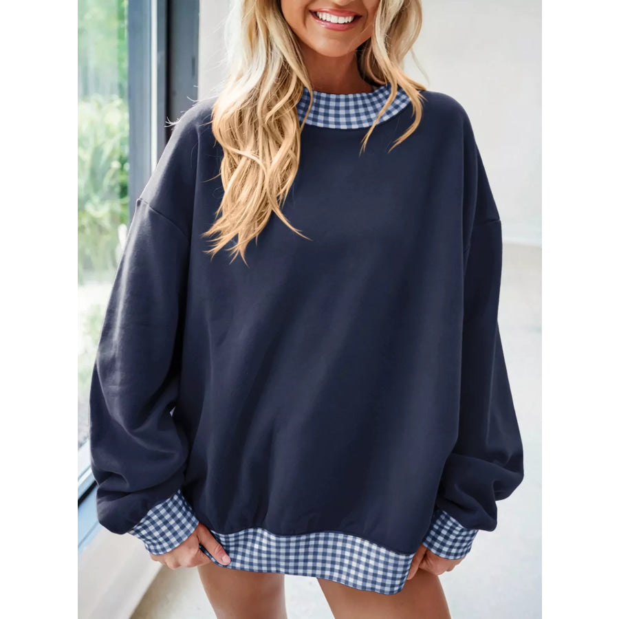 Gingham Trim Dropped Shoulder Sweatshirt Apparel and Accessories