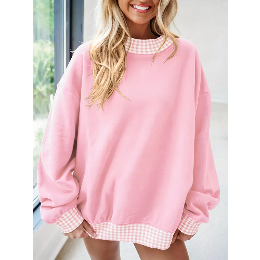 Gingham Trim Dropped Shoulder Sweatshirt Blush Pink / S Apparel and Accessories