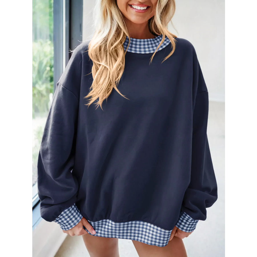 Gingham Trim Dropped Shoulder Sweatshirt Dark Blue / S Apparel and Accessories