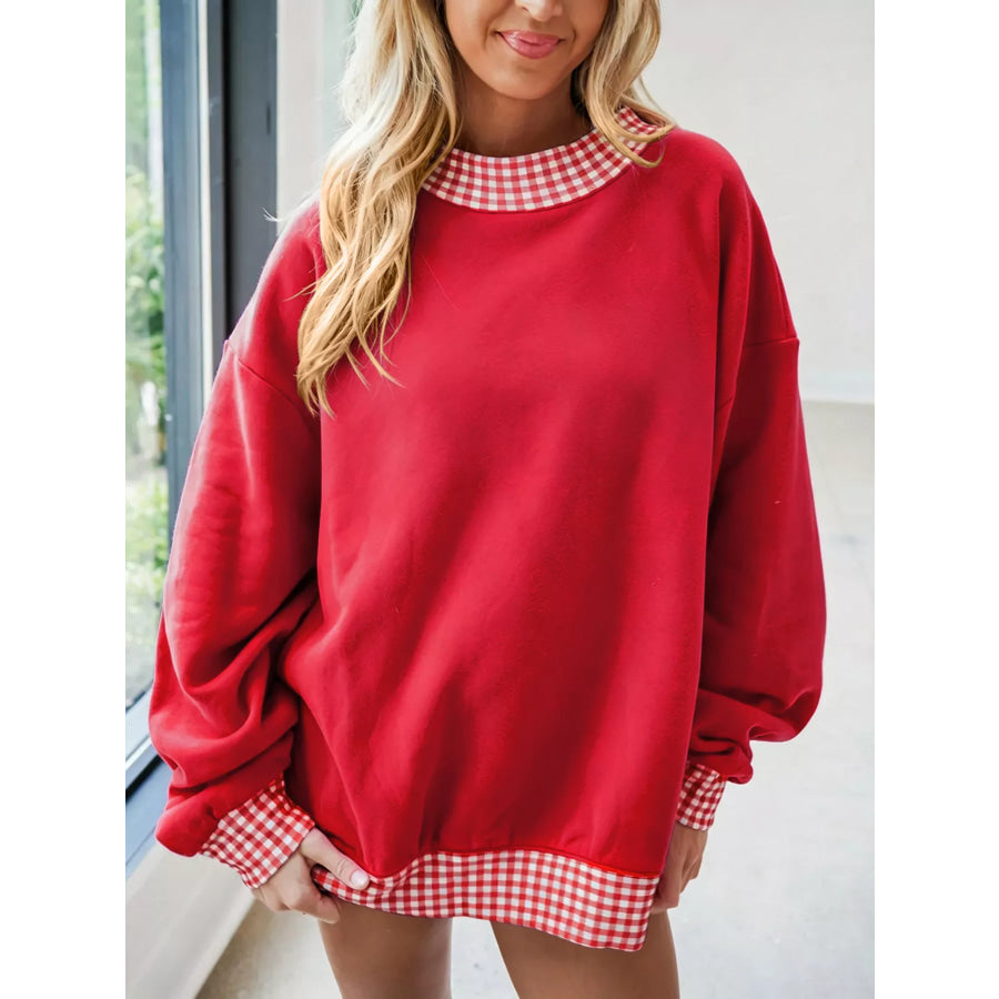 Gingham Trim Dropped Shoulder Sweatshirt Scarlet / S Apparel and Accessories