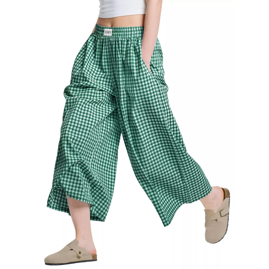 Gingham Wide-Leg Cropped Pants Emerald Green / XS Apparel and Accessories