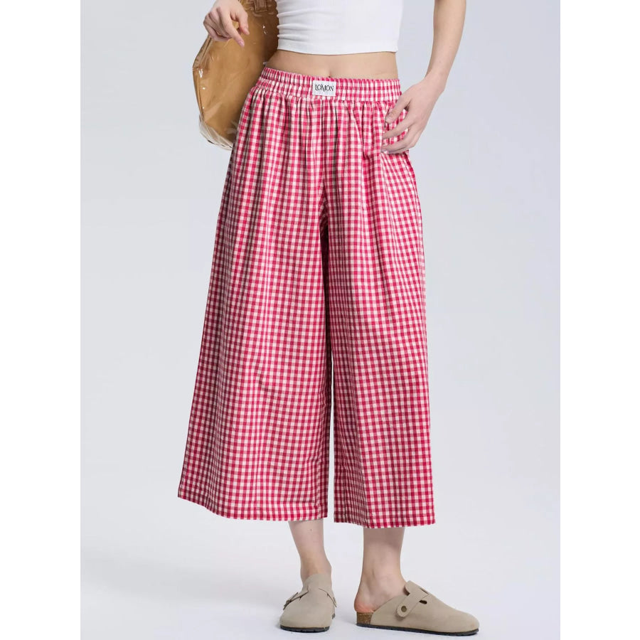 Gingham Wide-Leg Cropped Pants Rose Red / XS Apparel and Accessories