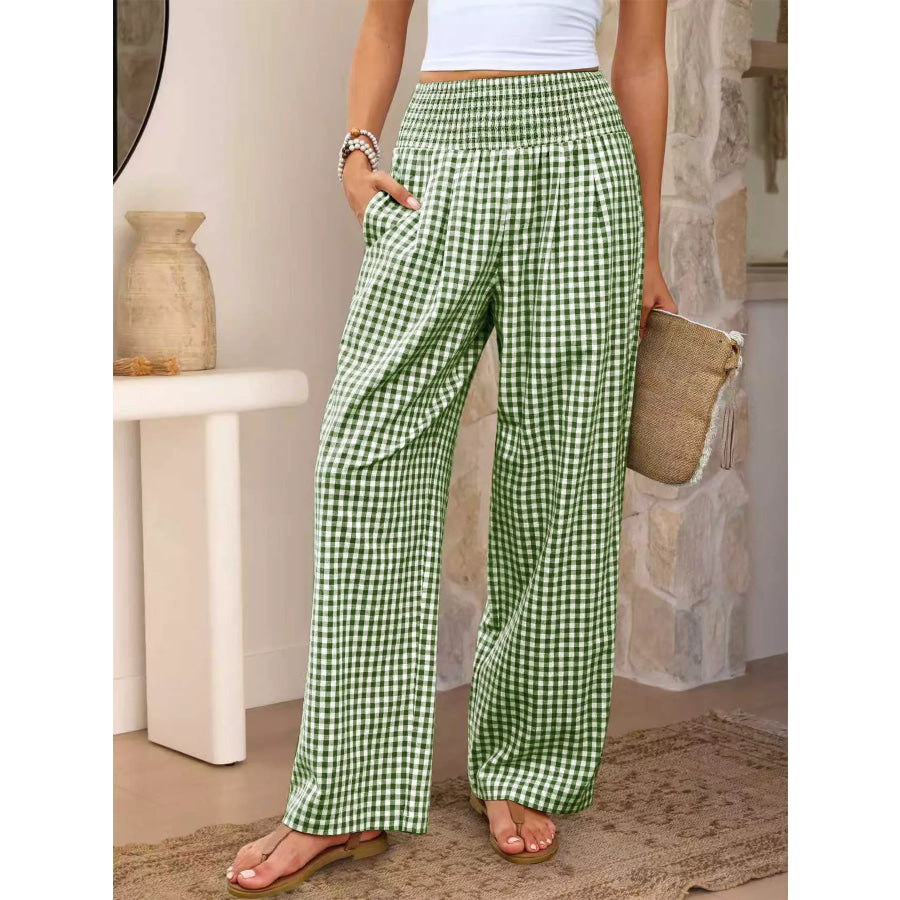 Gingham Wide-Leg Pants Army Green Plaid / S Apparel and Accessories