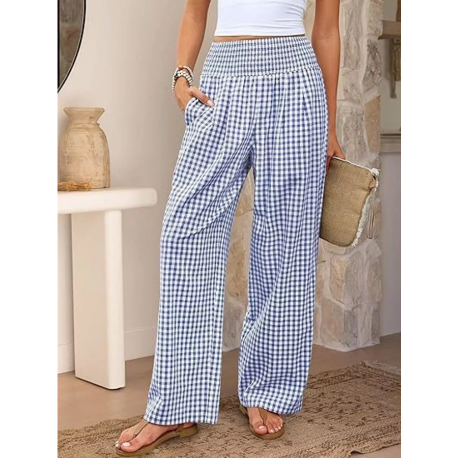 Gingham Wide-Leg Pants Blue Plaid / S Apparel and Accessories