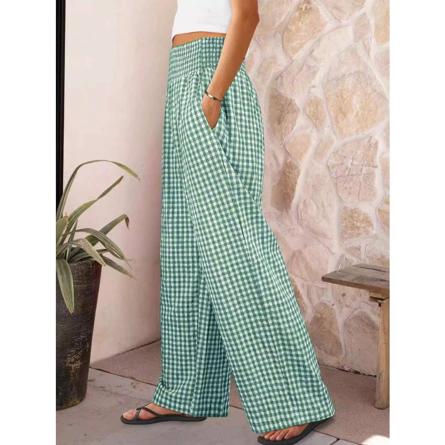 Gingham Wide-Leg Pants Green Plaid / S Apparel and Accessories