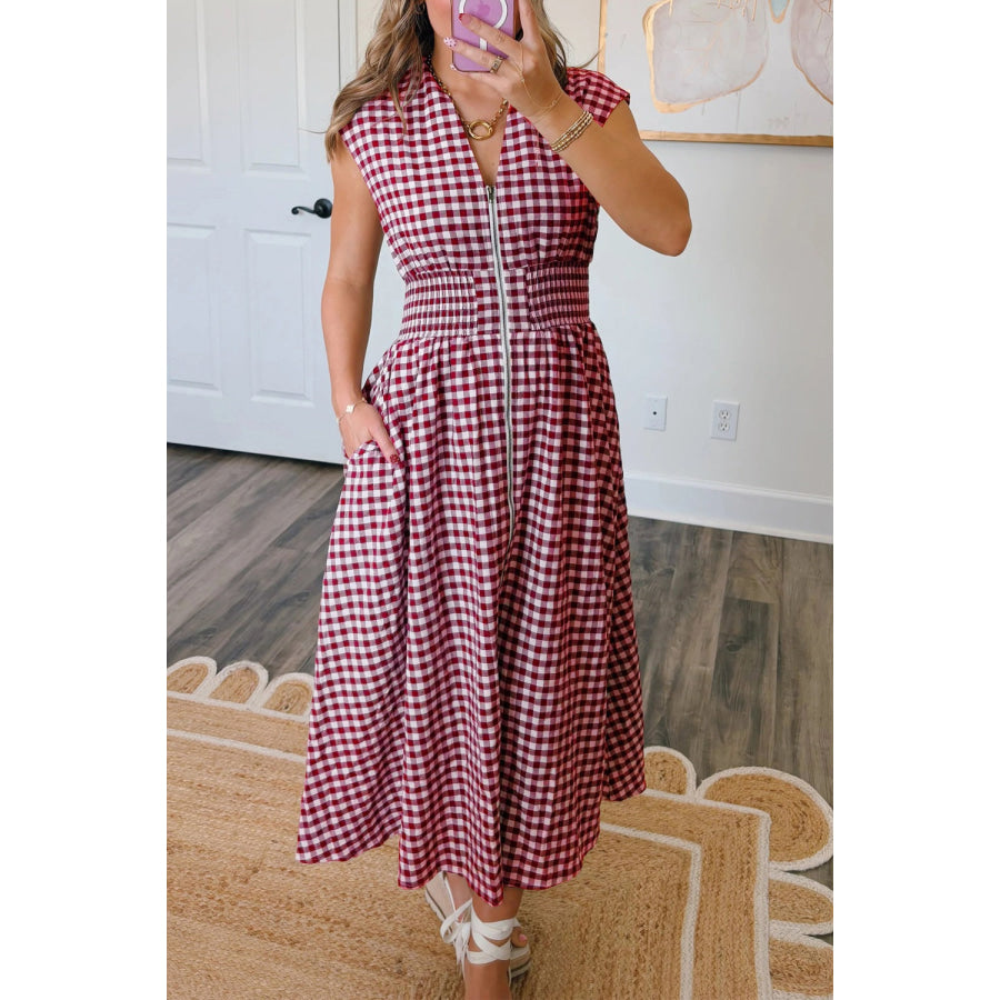 Gingham Zip-Front Midi Dress Apparel and Accessories