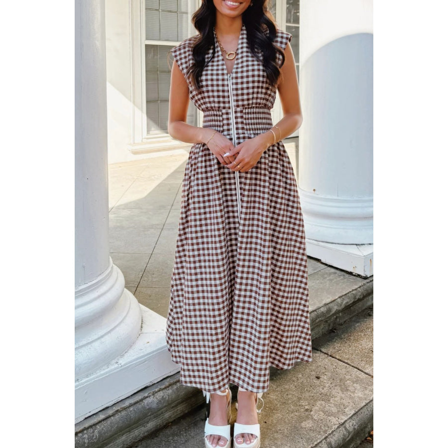 Gingham Zip-Front Midi Dress Apparel and Accessories