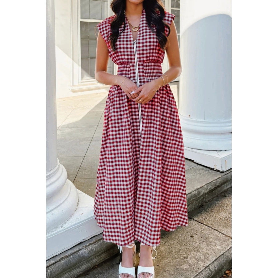 Gingham Zip-Front Midi Dress Cerise / S Apparel and Accessories