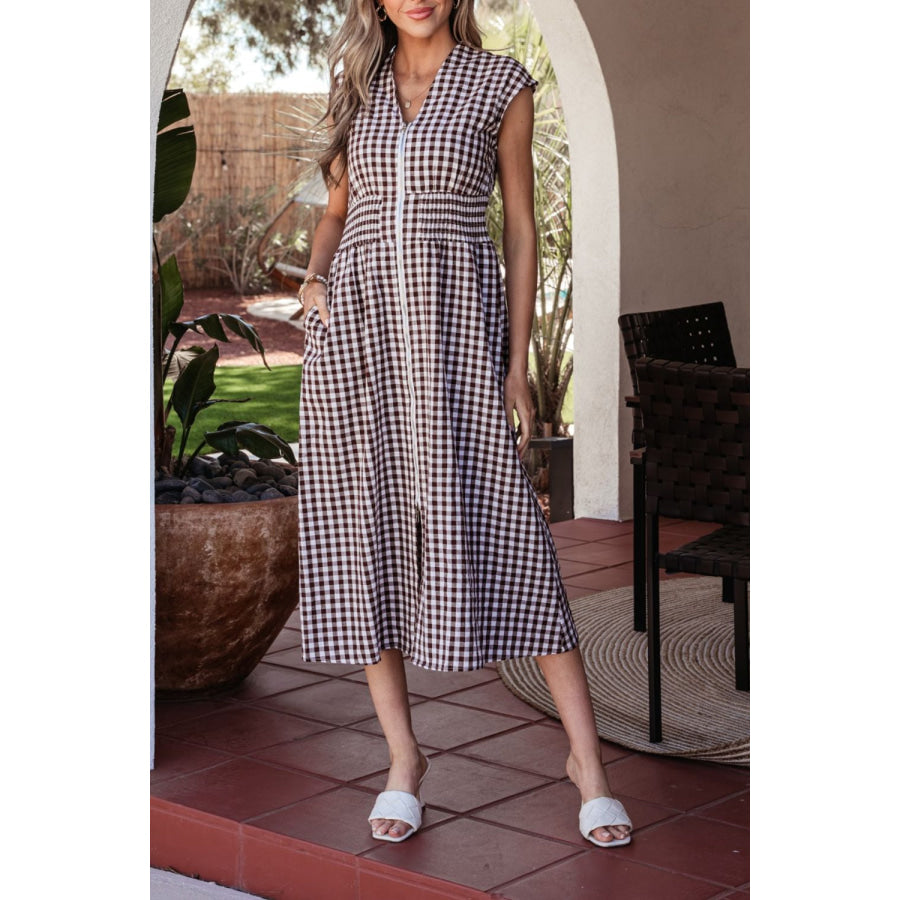 Gingham Zip-Front Midi Dress Taupe / S Apparel and Accessories