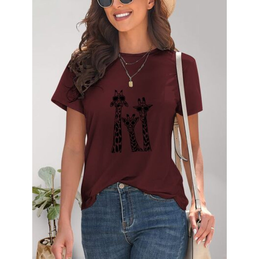 Giraffe Graphic Round Neck T - Shirt Apparel and Accessories