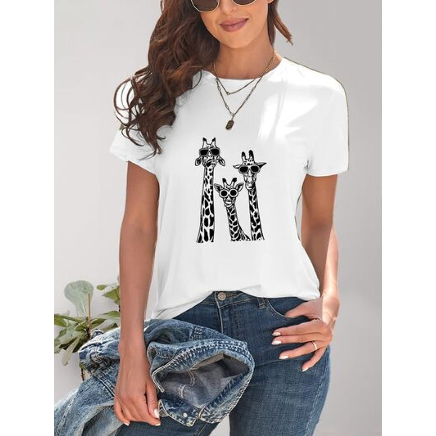 Giraffe Graphic Round Neck T - Shirt Apparel and Accessories