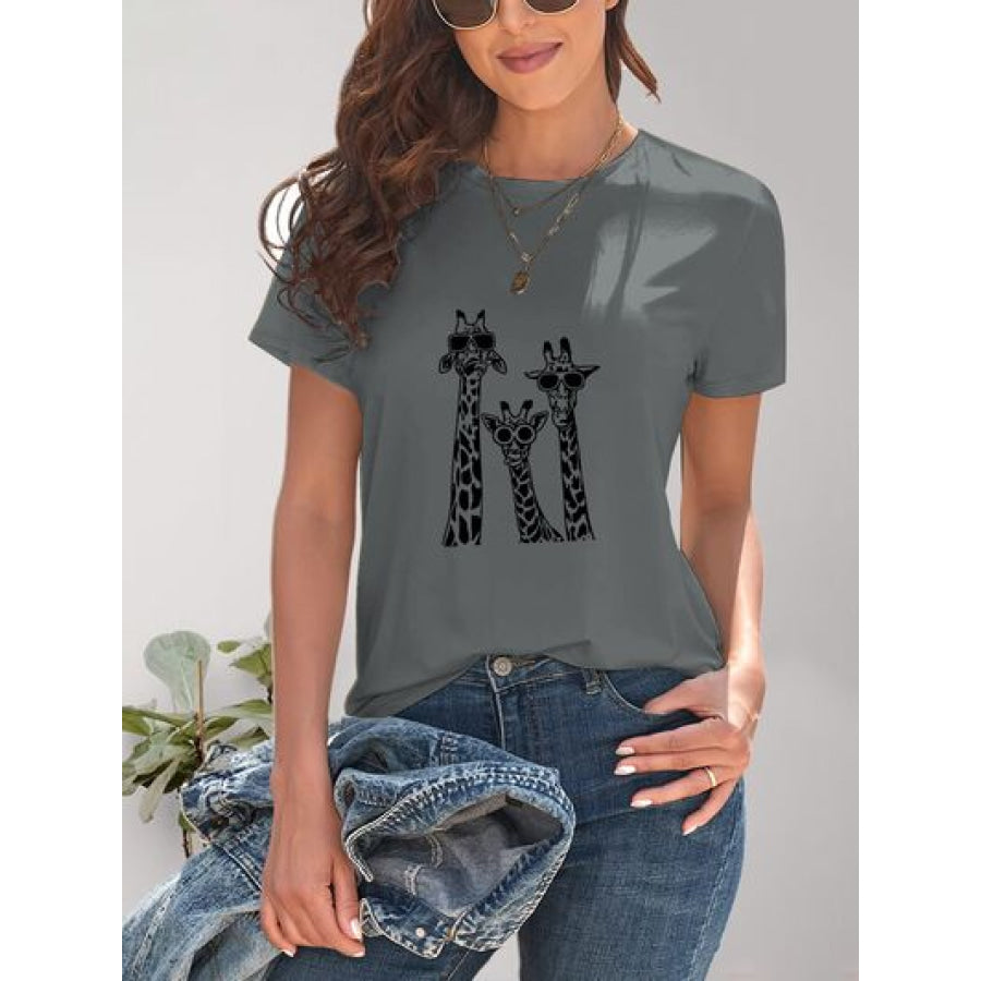 Giraffe Graphic Round Neck T - Shirt Apparel and Accessories