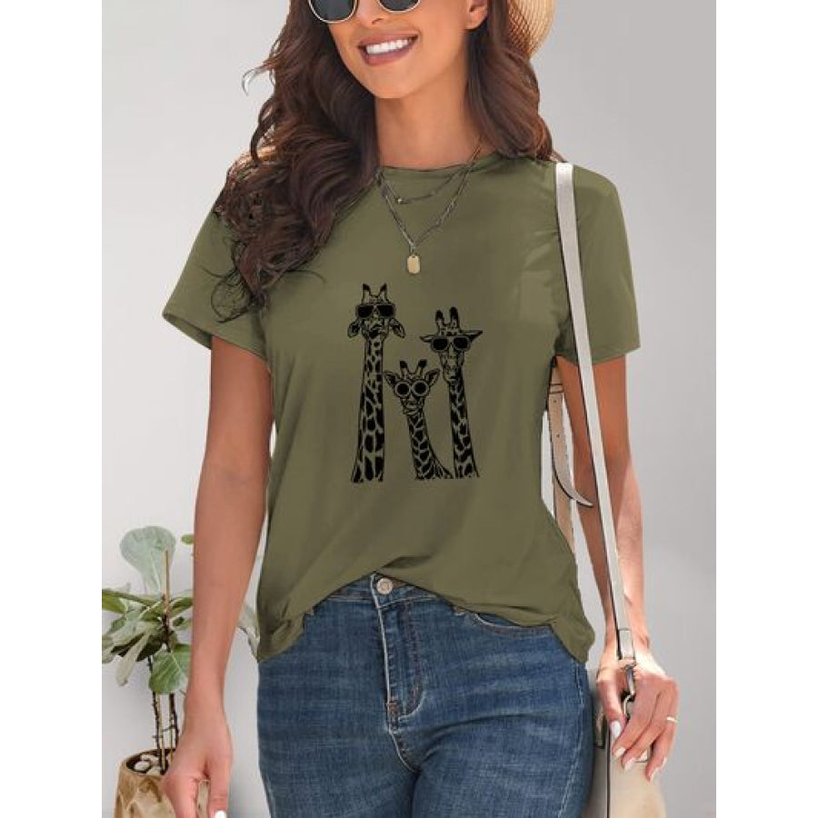 Giraffe Graphic Round Neck T - Shirt Apparel and Accessories