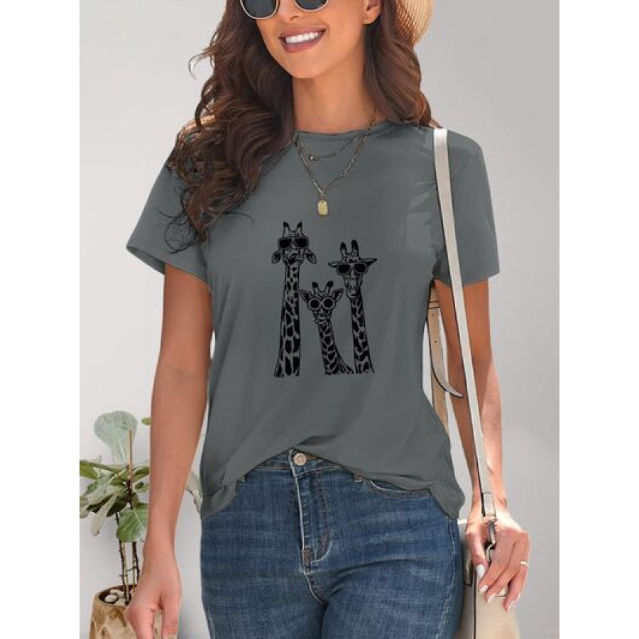 Giraffe Graphic Round Neck T - Shirt Charcoal / S Apparel and Accessories