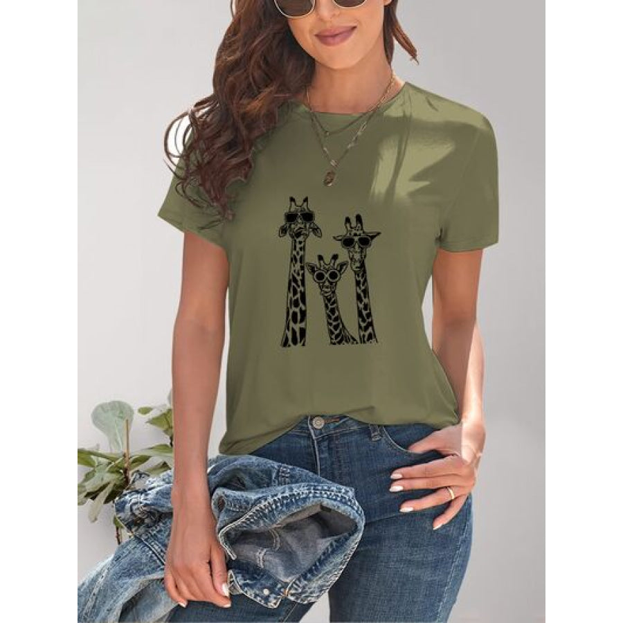 Giraffe Graphic Round Neck T - Shirt Moss / S Apparel and Accessories