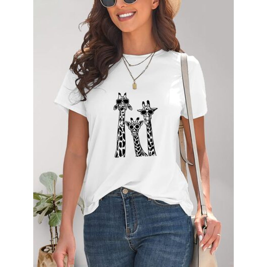 Giraffe Graphic Round Neck T - Shirt White / S Apparel and Accessories