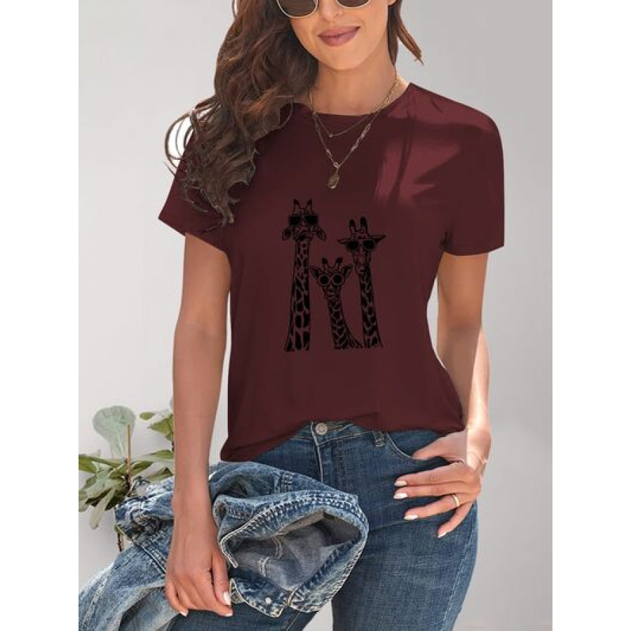 Giraffe Graphic Round Neck T - Shirt Wine / S Apparel and Accessories