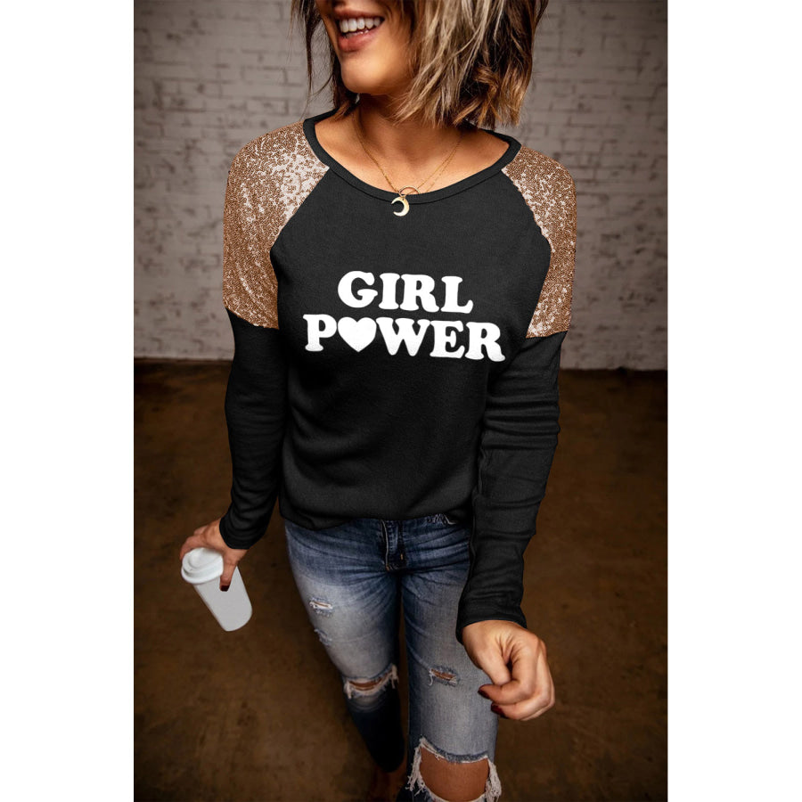 GIRL POWER Sequin Long Raglan Sleeve Tee Black/Gold / S