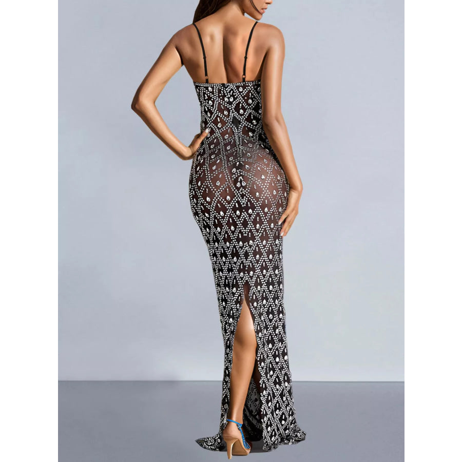 Glamorous Rhinestone Embellished Sheer Mesh Maxi Dress Black / S Apparel and Accessories