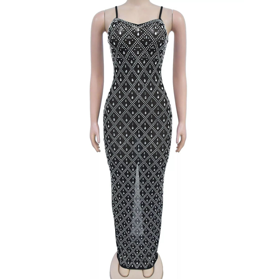 Glamorous Rhinestone Embellished Sheer Mesh Maxi Dress Apparel and Accessories