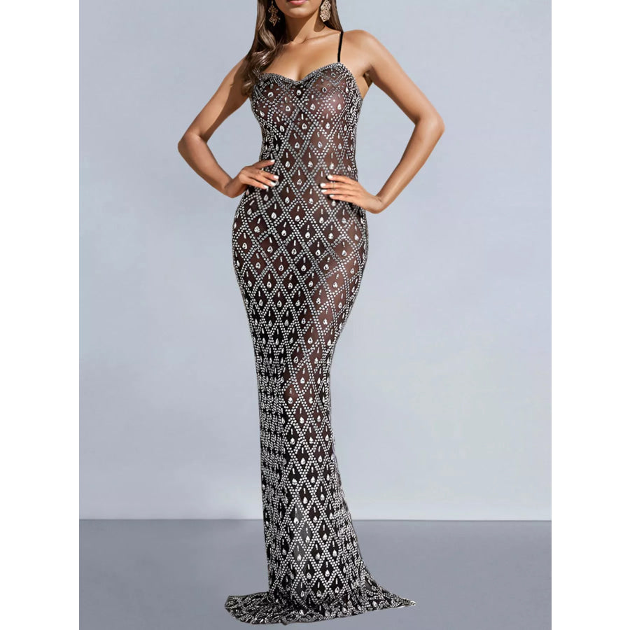 Glamorous Rhinestone Embellished Sheer Mesh Maxi Dress Black / S Apparel and Accessories