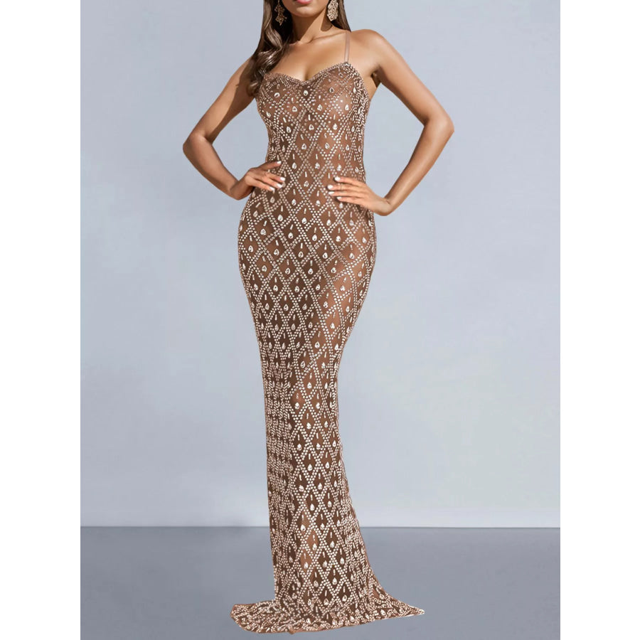 Glamorous Rhinestone Embellished Sheer Mesh Maxi Dress Khaki / S Apparel and Accessories