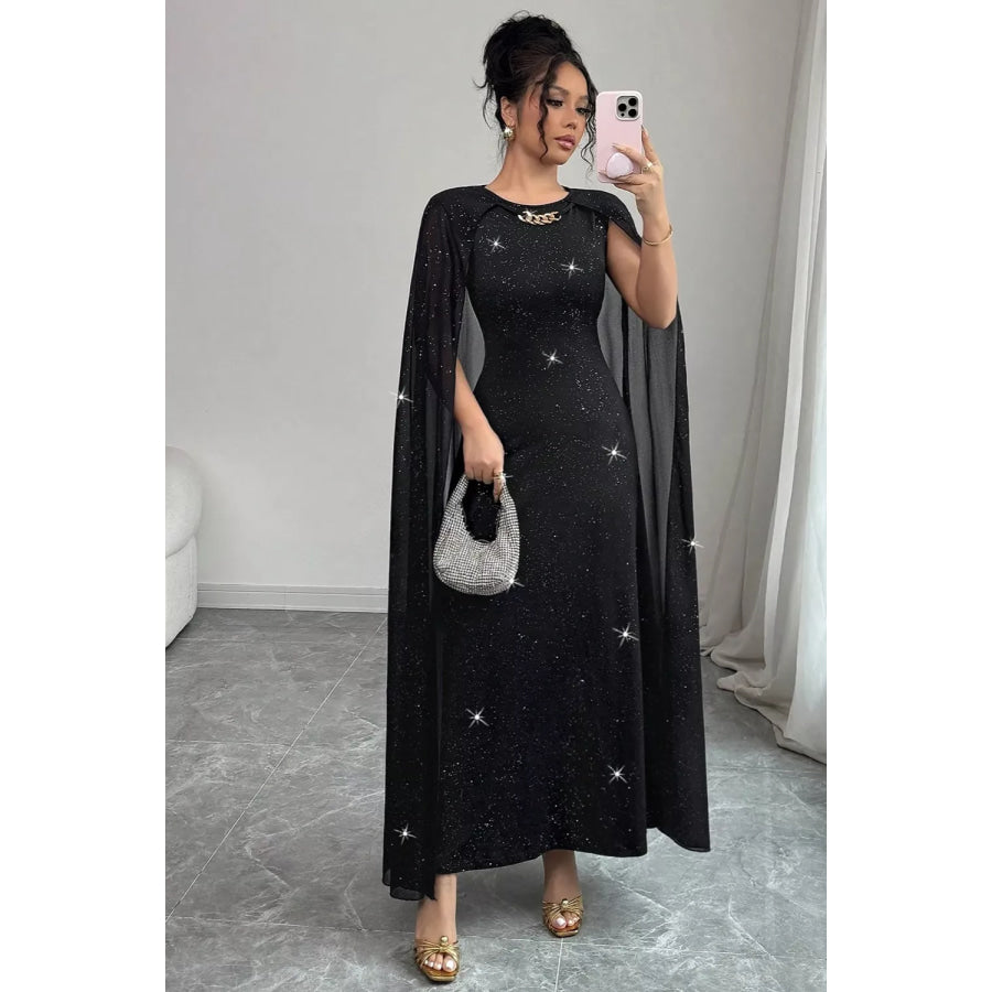 Glitter Cape-Sleeve Maxi Dress Apparel and Accessories