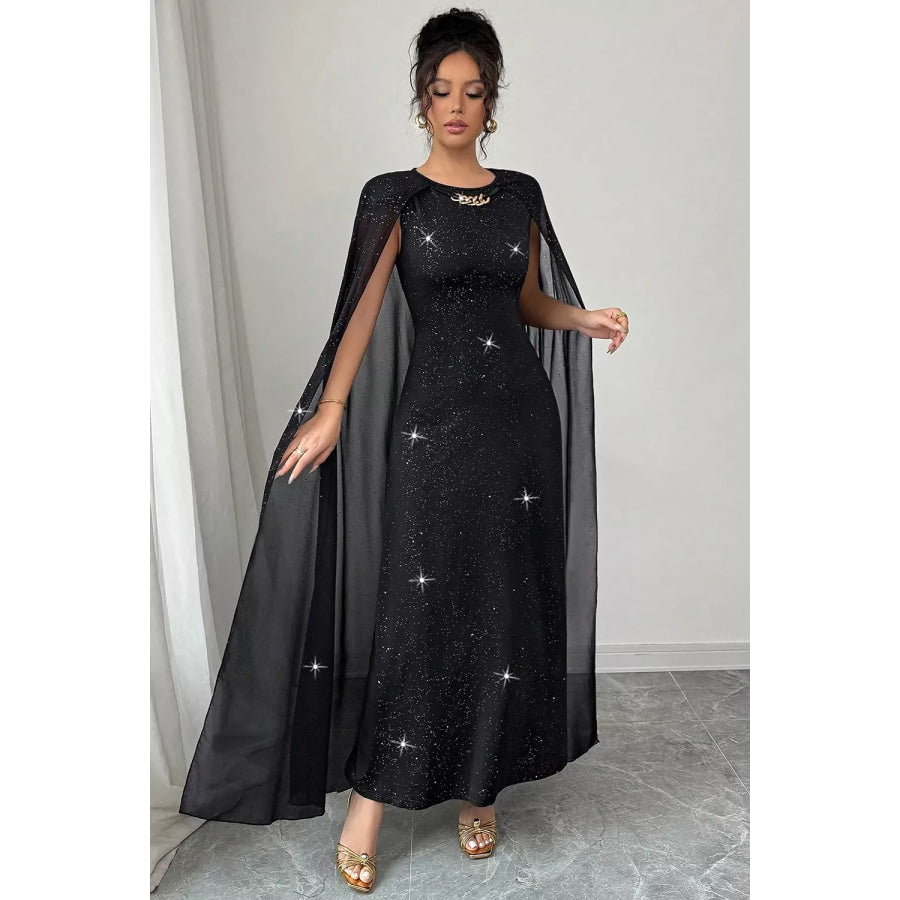 Glitter Cape-Sleeve Maxi Dress Apparel and Accessories