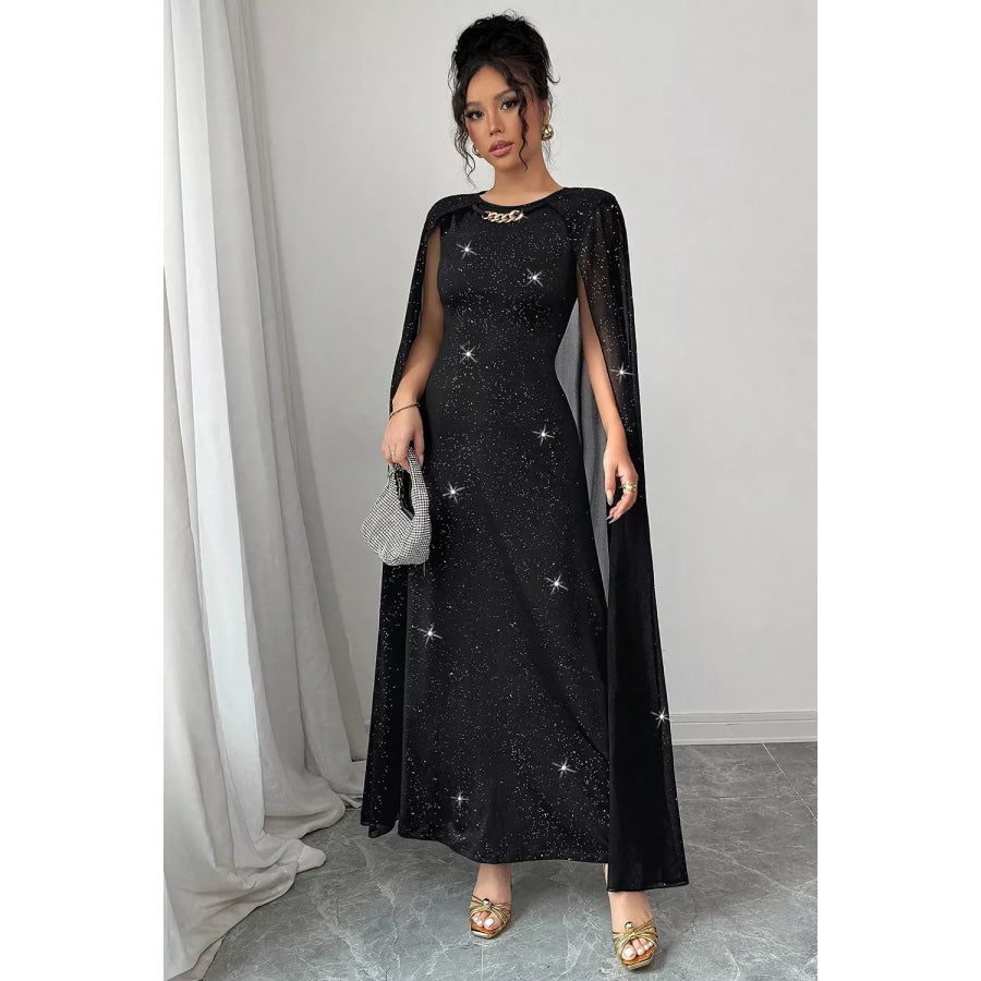 Glitter Cape-Sleeve Maxi Dress Apparel and Accessories