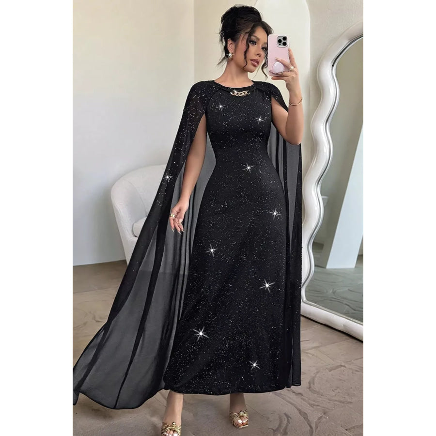 Glitter Cape-Sleeve Maxi Dress Black / S Apparel and Accessories