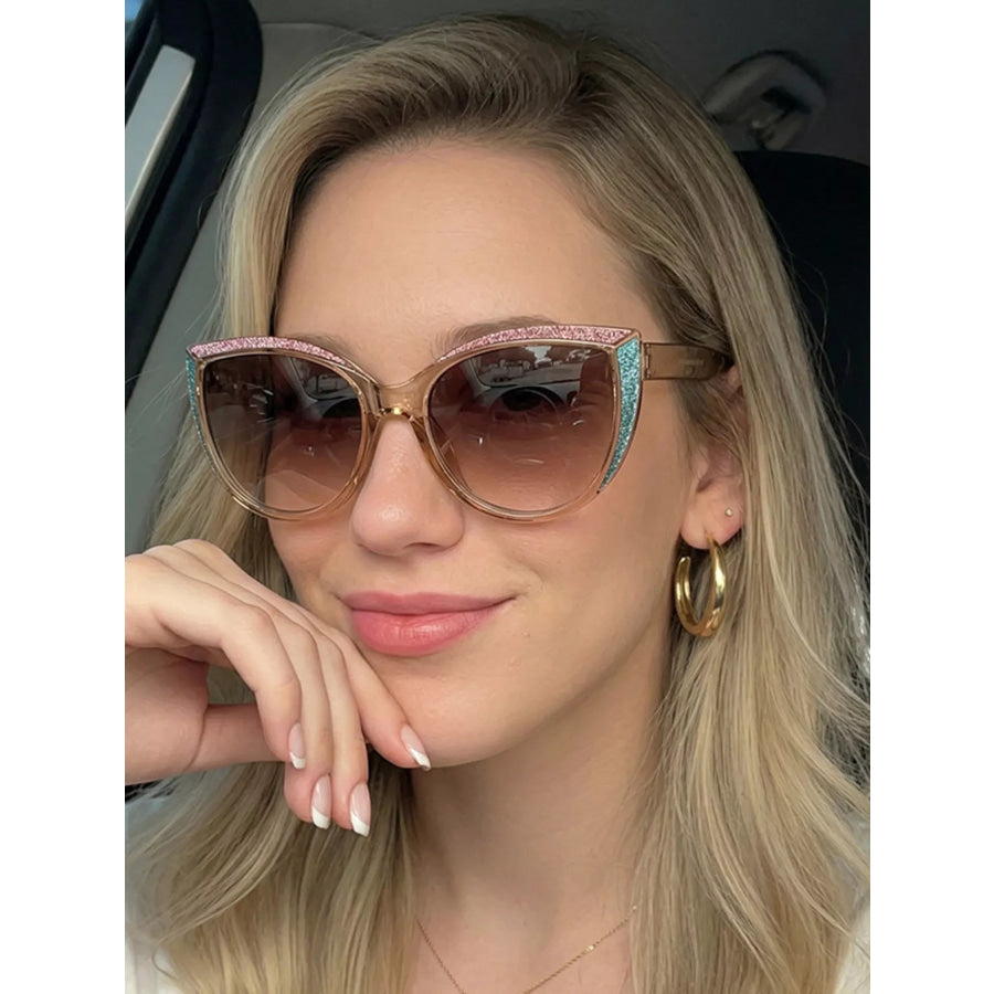 Glitter Cat-Eye Sunglasses with Tinted Lenses Tan / One Size Apparel and Accessories