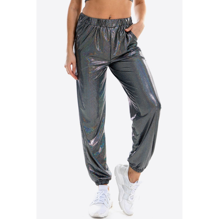 Glitter Elastic Waist Pants with Pockets Dark Gray / S