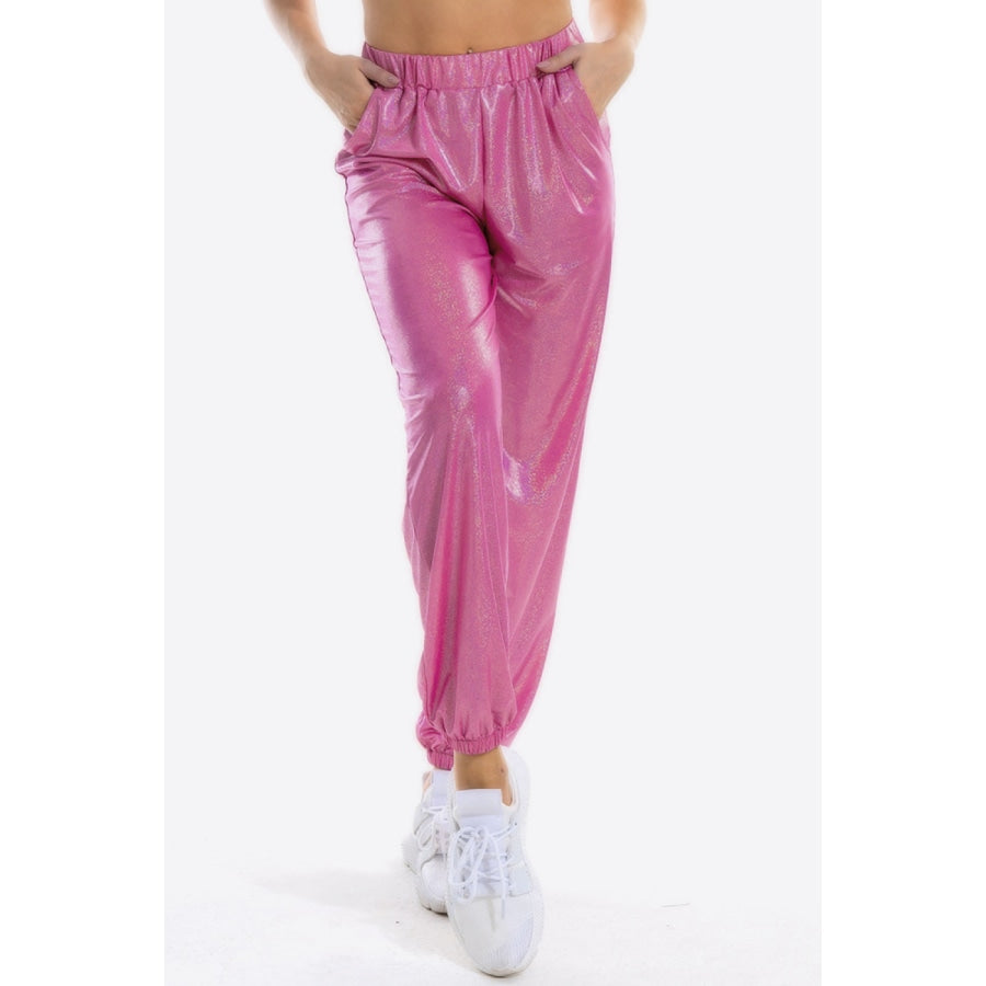 Glitter Elastic Waist Pants with Pockets Fuchsia Pink / S