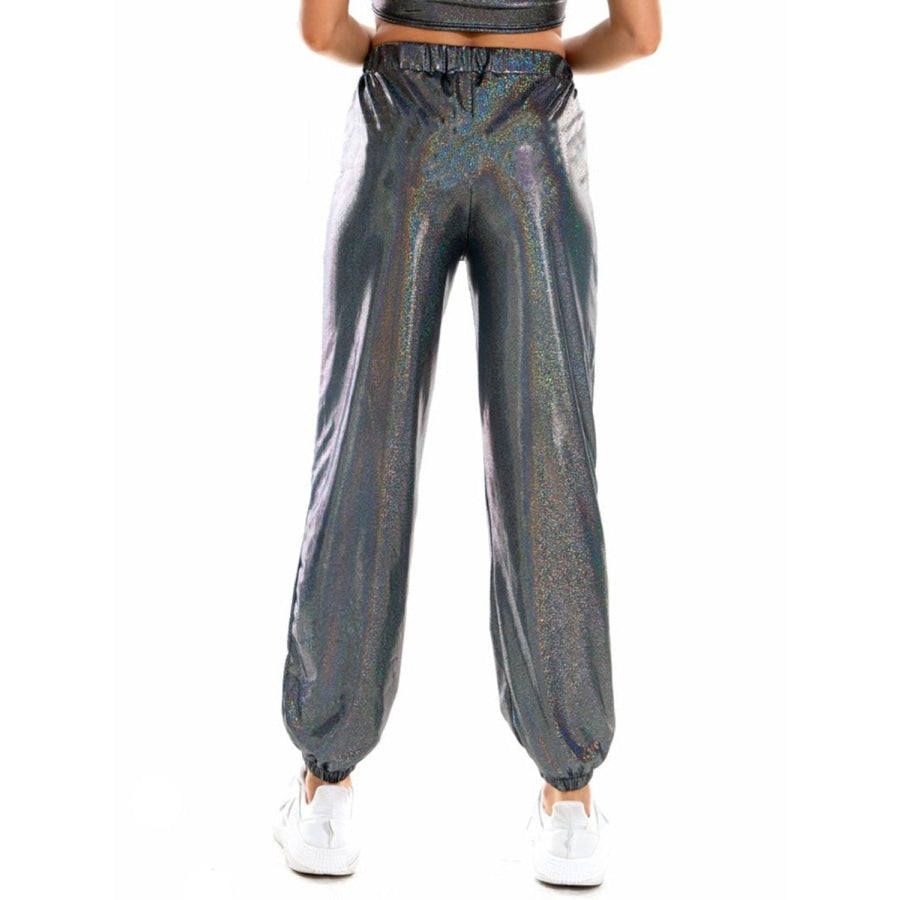 Glitter Elastic Waist Pants with Pockets