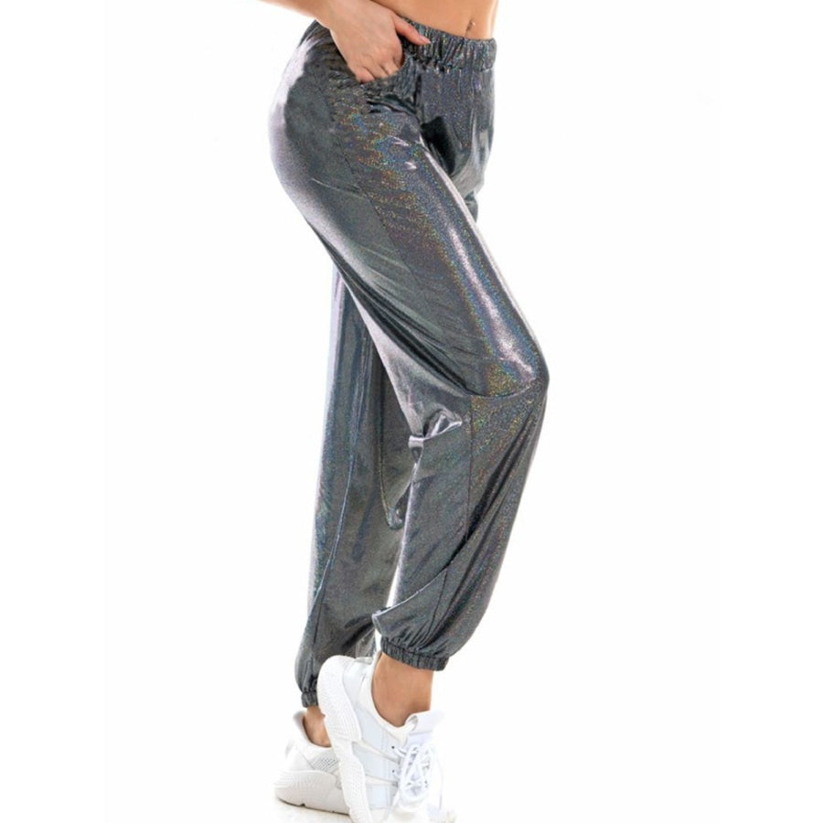 Glitter Elastic Waist Pants with Pockets