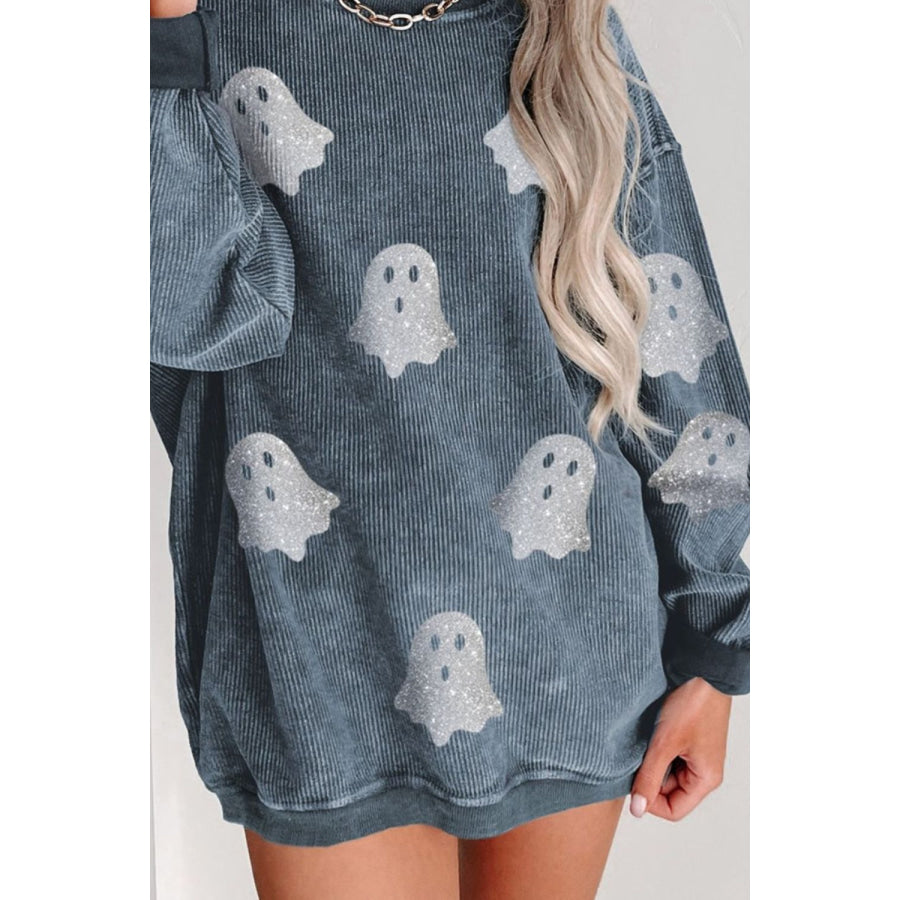 Glitter Ghost Round Neck Long Sleeve Sweatshirt Apparel and Accessories