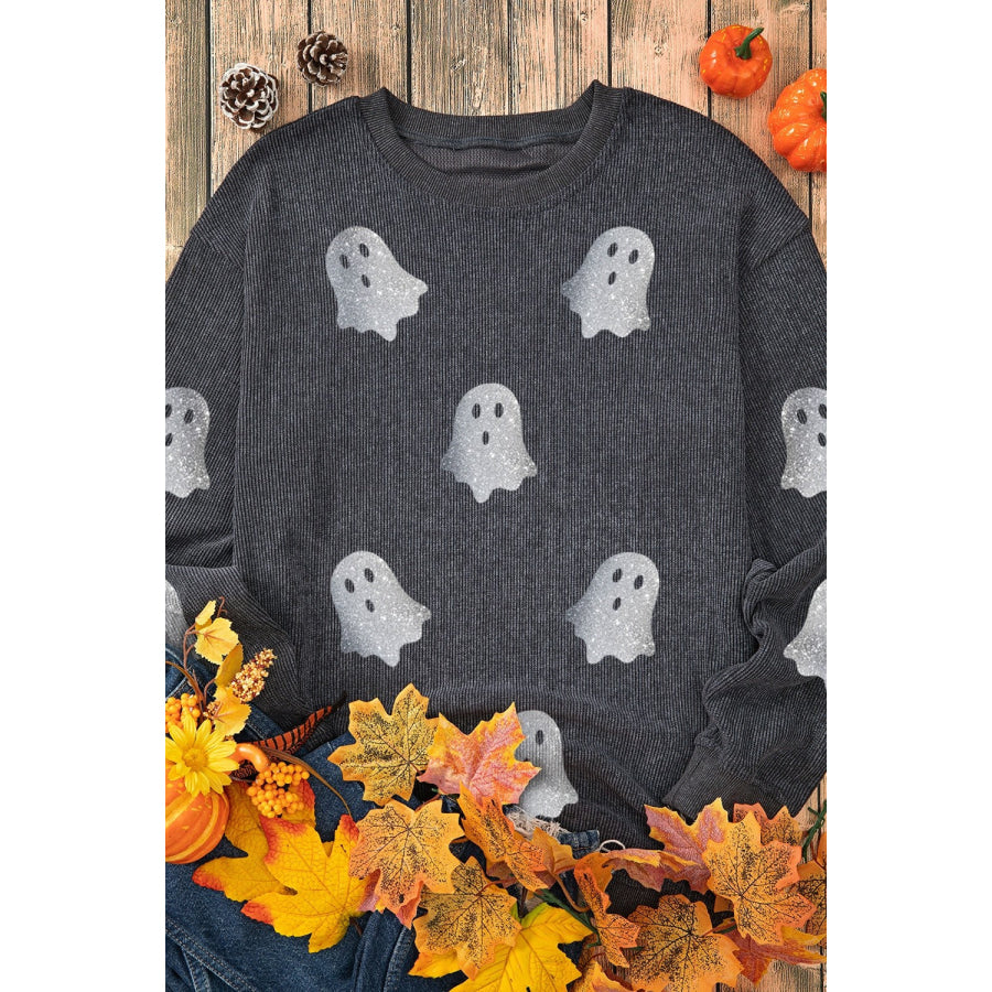 Glitter Ghost Round Neck Long Sleeve Sweatshirt Apparel and Accessories