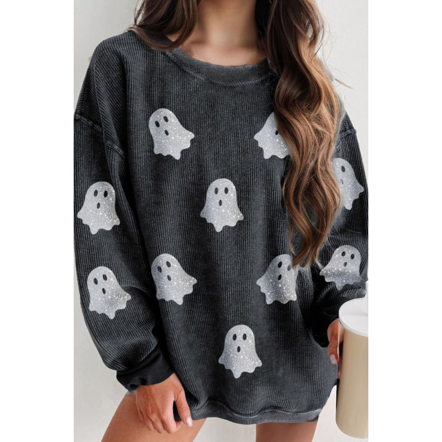 Glitter Ghost Round Neck Long Sleeve Sweatshirt Black / S Apparel and Accessories