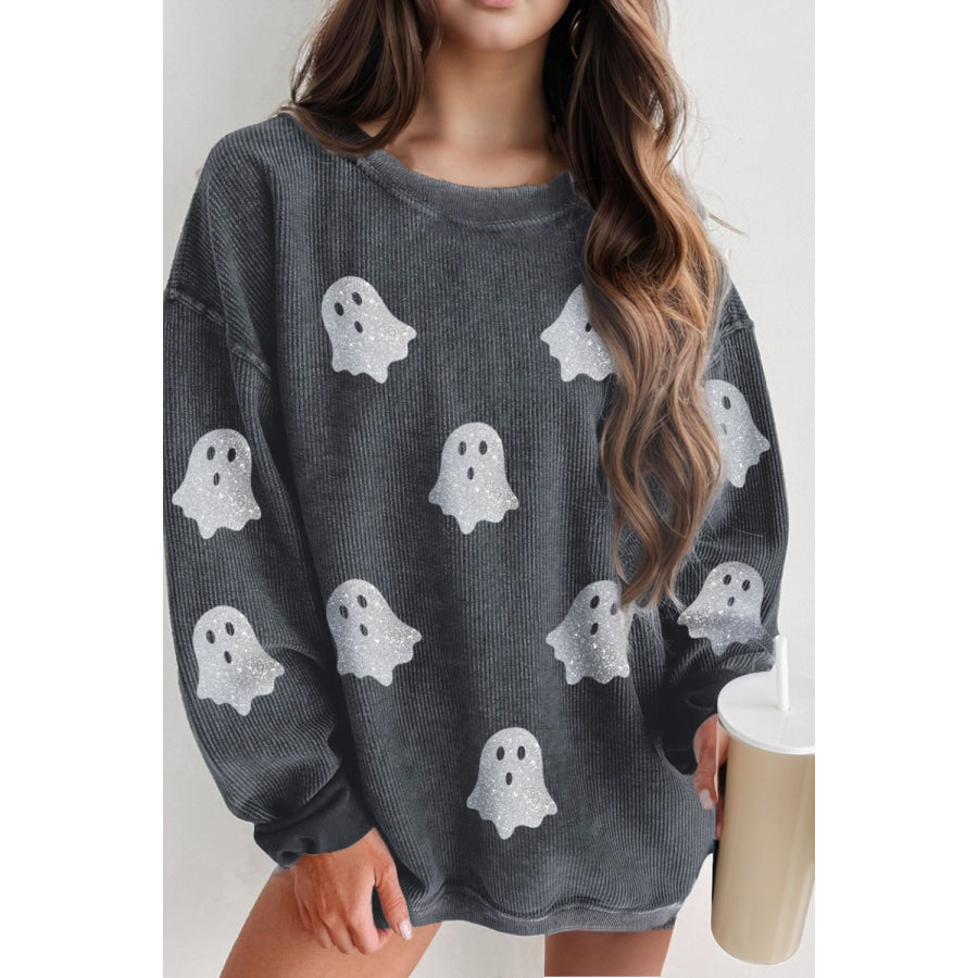 Glitter Ghost Round Neck Long Sleeve Sweatshirt Dark Gray / S Apparel and Accessories