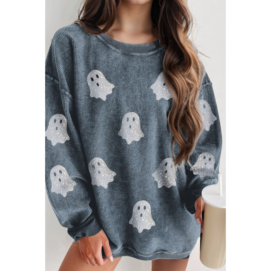 Glitter Ghost Round Neck Long Sleeve Sweatshirt French Blue / S Apparel and Accessories